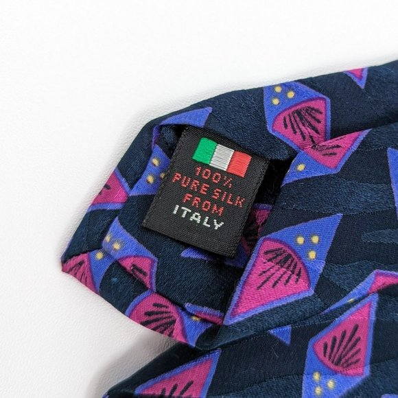 Serica Tie Black Pink Purple Yellow Art Deco Abstract Print Pure Italian Silk - Picture 6 of 7